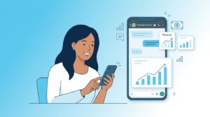 Emprendedora latina sonriendo, viendo gráficas de ventas ascendentes en su celular con WhatsApp, reflejando crecimiento.