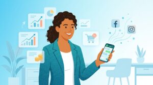 Emprendedora latina sonriente viendo su celular con WhatsApp, rodeada de gráficos de ventas y crecimiento de sus anuncios.