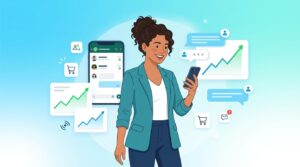 Emprendedora latina sonriendo, viendo su WhatsApp Business en el celular, con elementos de crecimiento y nuevos clientes flotando.
