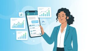 Emprendedora latina sonriendo mientras revisa el crecimiento de ventas de su negocio en WhatsApp Business, con gráficas flotantes
