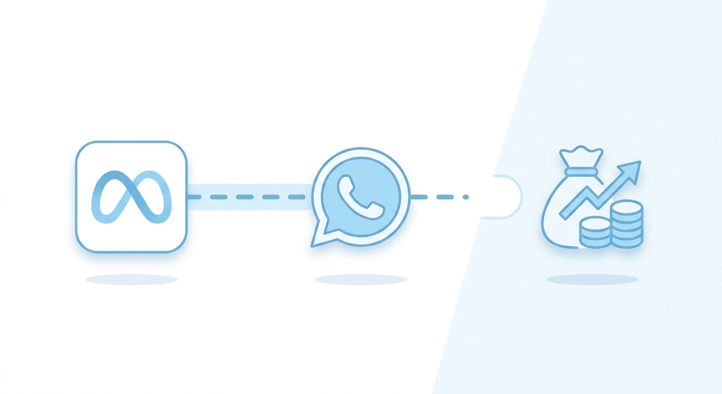 Ilustración de un embudo de ventas mostrando la brecha de información entre los anuncios de Meta y las ventas reales por WhatsApp.