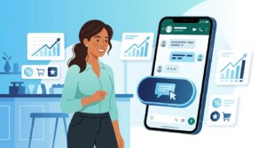 Emprendedora latina con celular, botón "Clic a WhatsApp" y métricas de crecimiento en un negocio moderno.