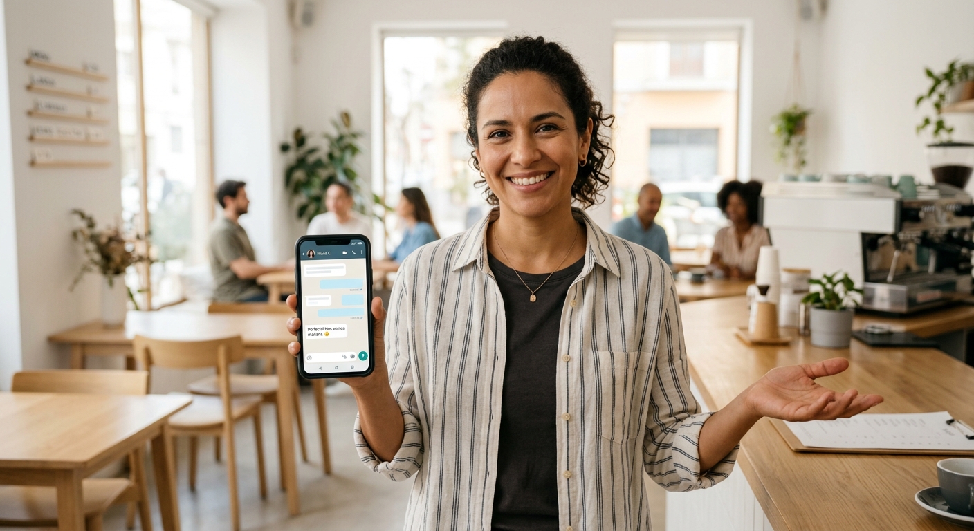 Mano sosteniendo un smartphone con el ícono de WhatsApp, simbolizando la comunicación directa entre negocios y clientes en LATAM.