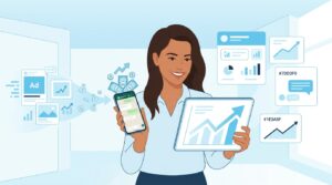Emprendedora latina analizando el rendimiento de sus campañas de publicidad y ventas en WhatsApp con un CRM, usando colores azul y blanco.