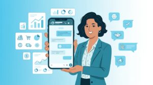 Emprendedora latina sonríe mientras revisa mensajes de WhatsApp Business en su celular, con gráficos de crecimiento flotantes.