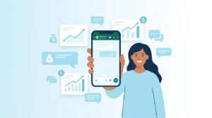 Emprendedora latina sonríe mientras revisa ganancias en su celular con WhatsApp, rodeada de íconos de crecimiento y eficiencia.