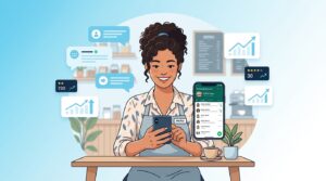 Emprendedora latina sonriendo mientras revisa el crecimiento de su negocio en su celular con WhatsApp Business y gráficos flotantes.