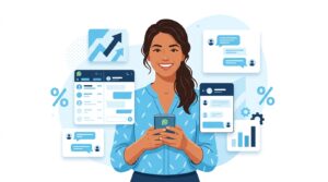 Emprendedora latinoamericana sonriente manejando sus ventas de WhatsApp Business en su celular, rodeada de gráficos de crecimiento y chats.