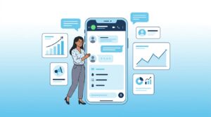 Emprendedora latina sonriente gestionando ventas de Meta Ads y WhatsApp con Mercately en su celular.