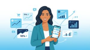 Emprendedora latina sonriendo, viendo su celular con WhatsApp Business, rodeada de gráficos de crecimiento y ventas flotantes.