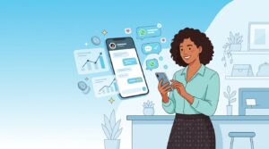Emprendedora latina sonriendo, con su celular mostrando WhatsApp Business y elementos visuales de crecimiento y mensajes activos, en un ambiente de negocio pequeño.