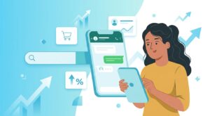 Ilustración moderna que une una búsqueda de Google con un chat de WhatsApp en un celular, simbolizando el crecimiento de ventas para negocios latinos.