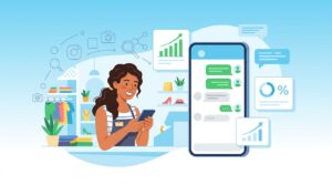 Emprendedora latina con celular mostrando WhatsApp, representando crecimiento de negocio con publicidad digital.