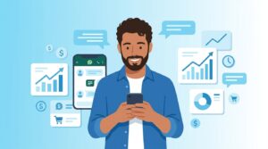 Emprendedor latinoamericano sonriendo, analizando métricas de ventas en su celular con WhatsApp, rodeado de gráficos de crecimiento, simbolizando la atribución de ventas.