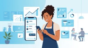 Dueña de negocio latinoamericana optimizando ventas de su tienda desde WhatsApp Business con ayuda de gráficos de atribución.