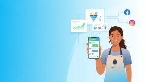 Emprendedor latinoamericano revisando en su celular ventas de WhatsApp generadas por anuncios de Meta, mostrando crecimiento.