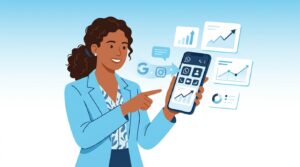 Mujer emprendedora latina sonriendo, viendo su celular con WhatsApp Business y gráficos de ventas ascendentes, simbolizando el éxito con atribución de marketing.